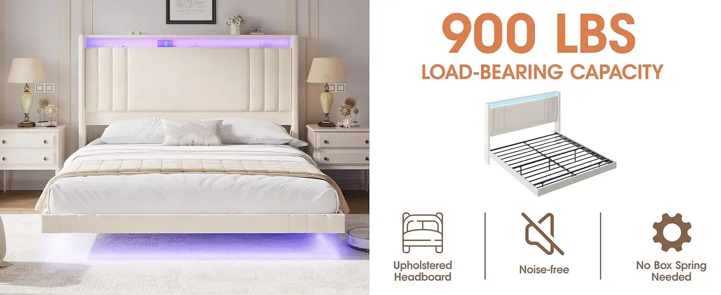 Floating Bed Frame, 50.8" Tall Headboard LED with Charging Station, Metal Platform Bed Frame, Upholstered Platform Beds Home
