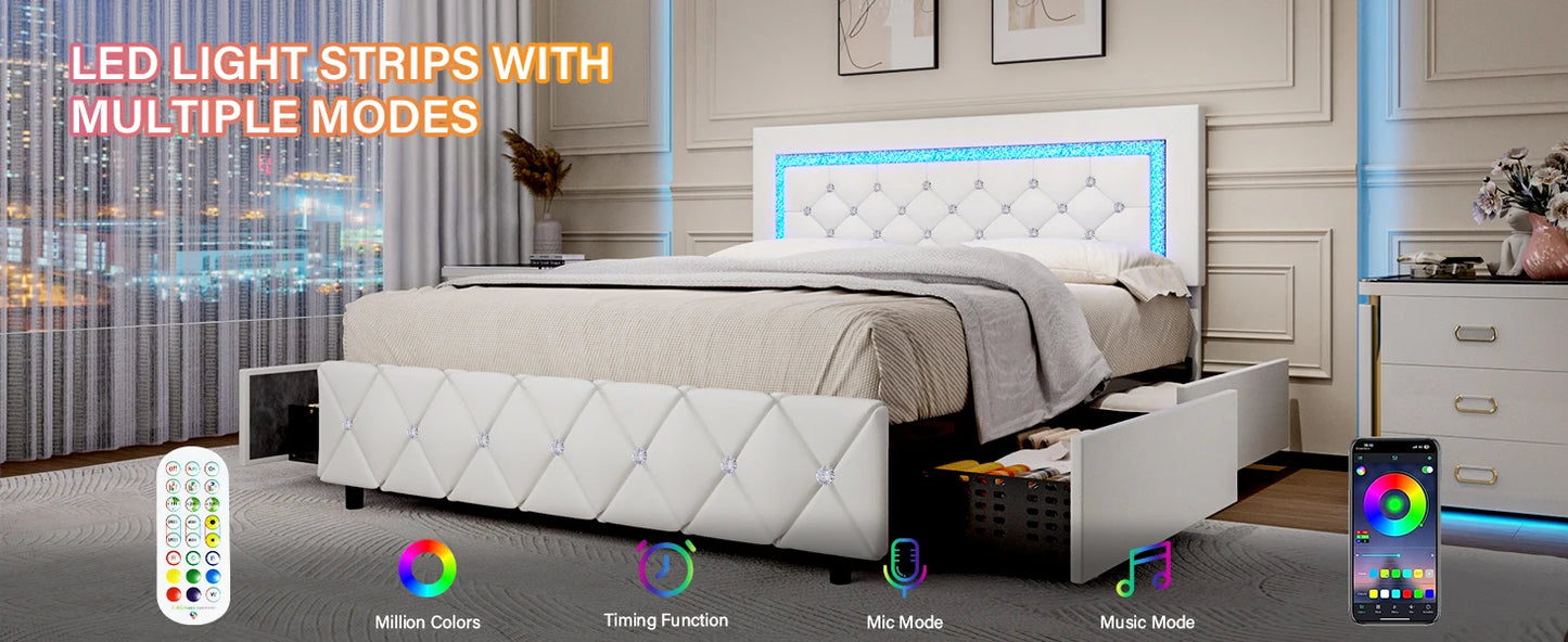 Queen Bed Frame with LED Lights, Upholstered Bed Frame with 4 Storage Drawers, Princess Platform Bed with Diamond Headboard