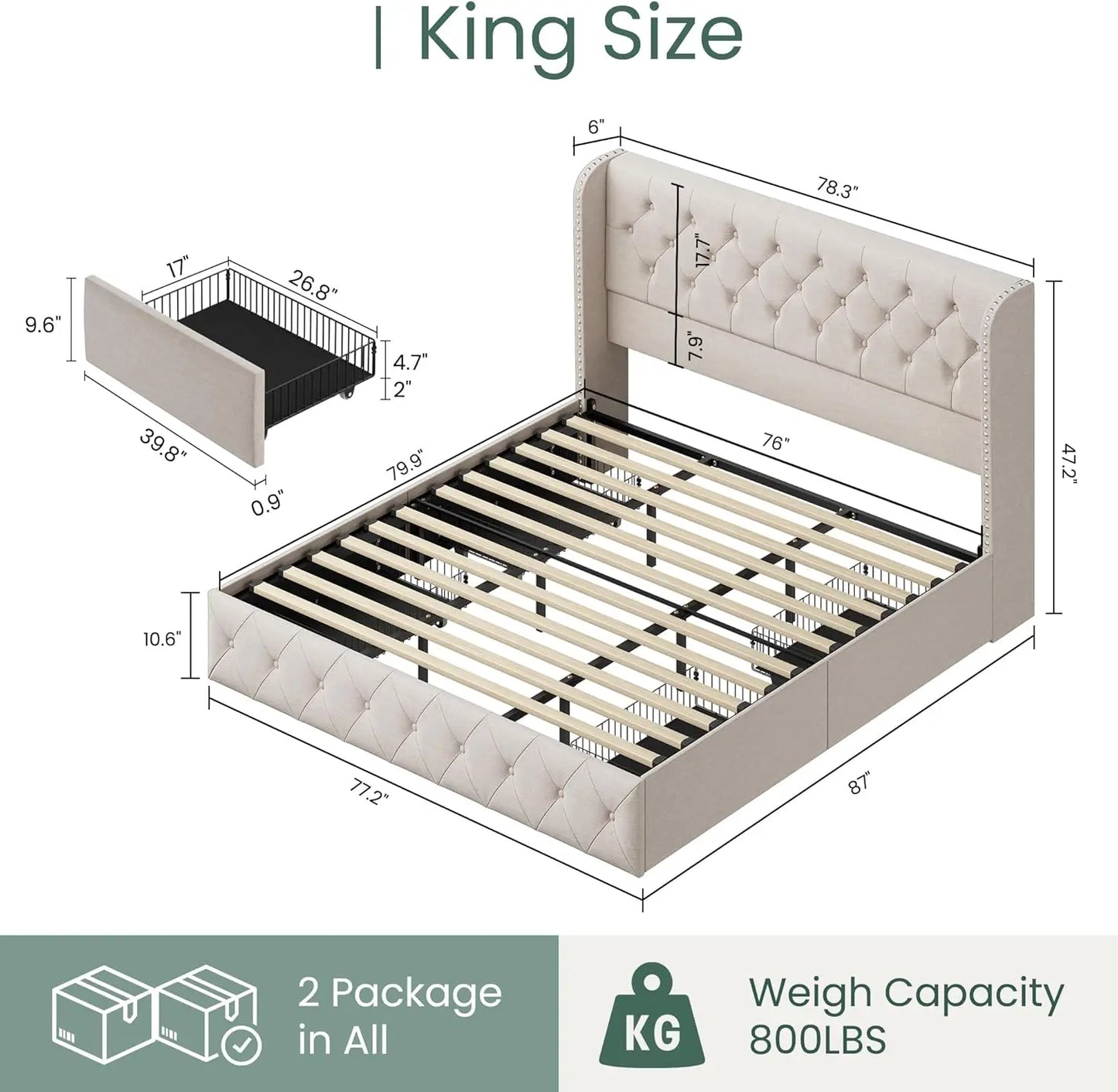 King Size Bed Frame with 4 Storage Drawers and Tufted Headboard Linen Upholstered Platform Bed Frame Wingback Beds.
