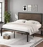 King Bed Frame Platform Bed,Linen Fabric Upholstered Headboard and Wooden Slats Support,Heavy Duty Mattress Foundation,Beige