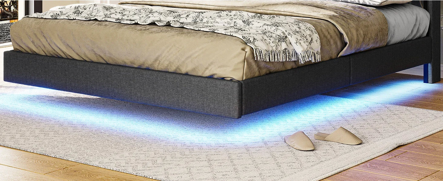Queen Floating Frame RGB LED Lights ,USB-C/A Power Combo,Linen Upholstered Platform Bed with Storage Headboard