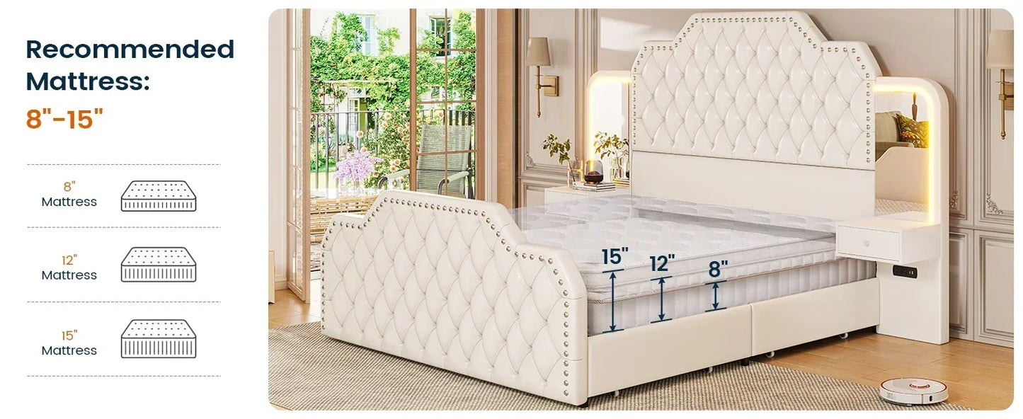 Queen Size 53” Tall Platform Bed Frame With 4 Storage Drawers Built in Charging Station & LED Bedroom Black Headboards Under Bed