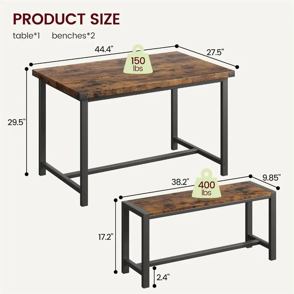 Dining Table Set for 4, Kitchen Table with Benches, Rectangular Dining Room Table Set with 2 Metal Wood Benches, 3 Piece Dining