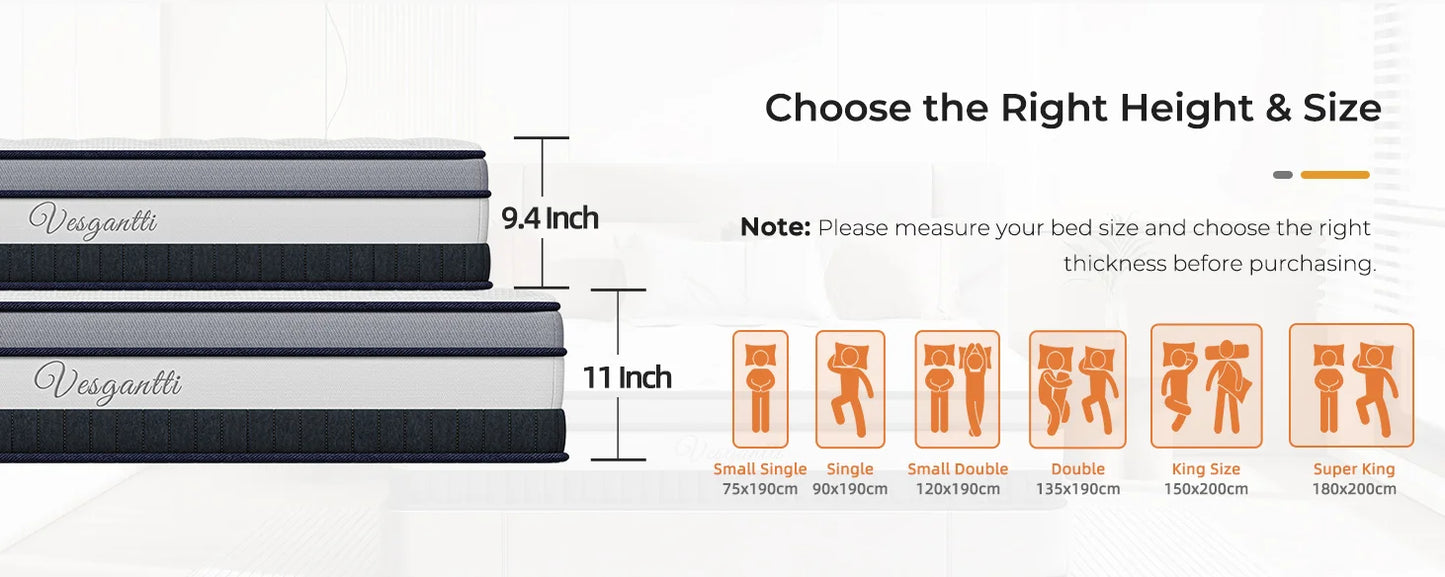 Vesgantti 11 Inch Pocket Sprung Mattress with Breathable Foam and Individually Pocket Spring - Medium, Luxury Box Top Collection