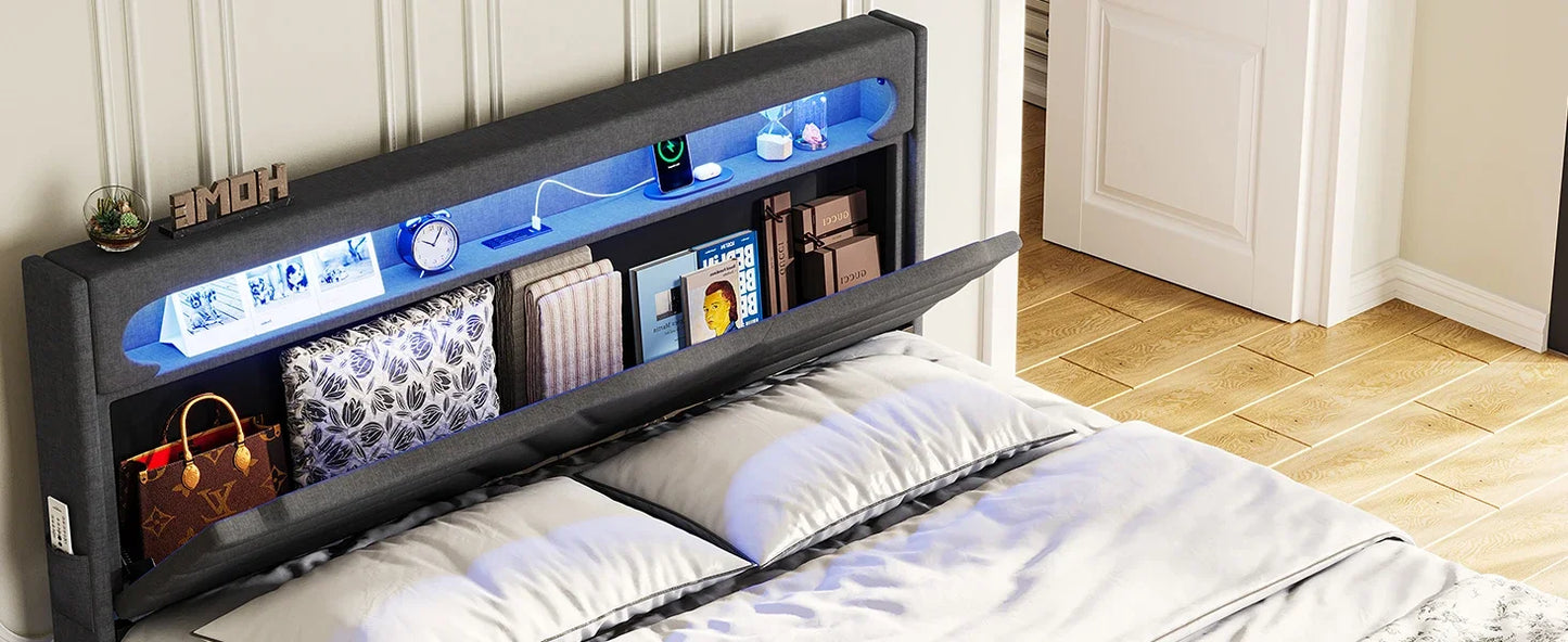 Queen Floating Frame RGB LED Lights ,USB-C/A Power Combo,Linen Upholstered Platform Bed with Storage Headboard