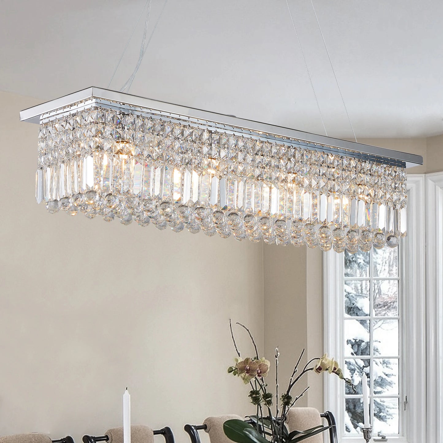 Modern Crystal Chandelier for Dining Room 8-Light Rectangle Raindrop Chandelier Contemporary Rectangular Fixture Pendant Light