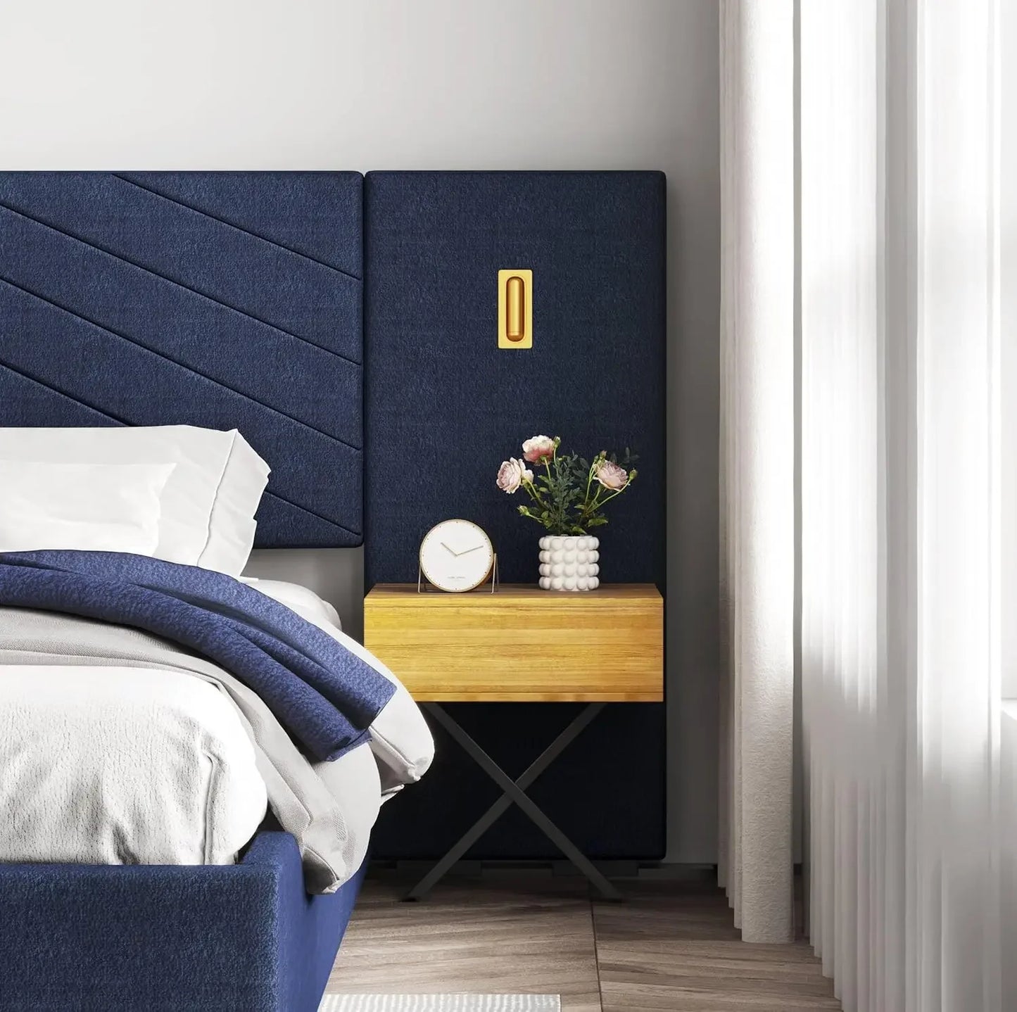 Luxury Bed Frame with Built-in Gold LED Lights and Nightstands, King Size Platform Bed with Oversize Upholstered Headboard