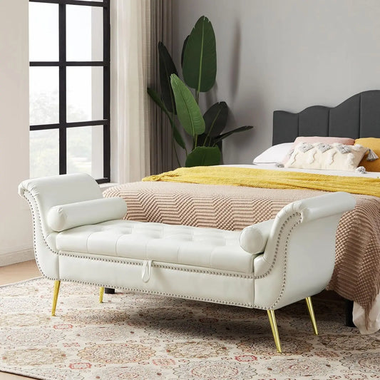 PU Leather Storage Benches End of Bed Vintage Flared Rolled Armed Bedroom Ottoman Bench Button Tufted Entryway Window
