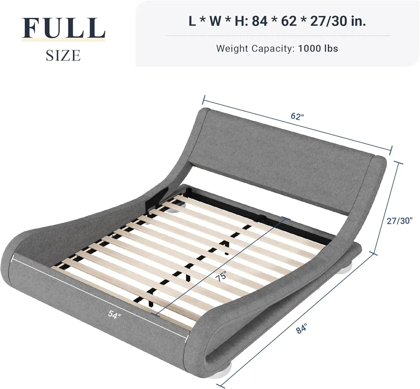 Upholstered Platform Bed Frame with Ergonomic & Adjustable Headboard, Modern Low Profile Sleigh Design