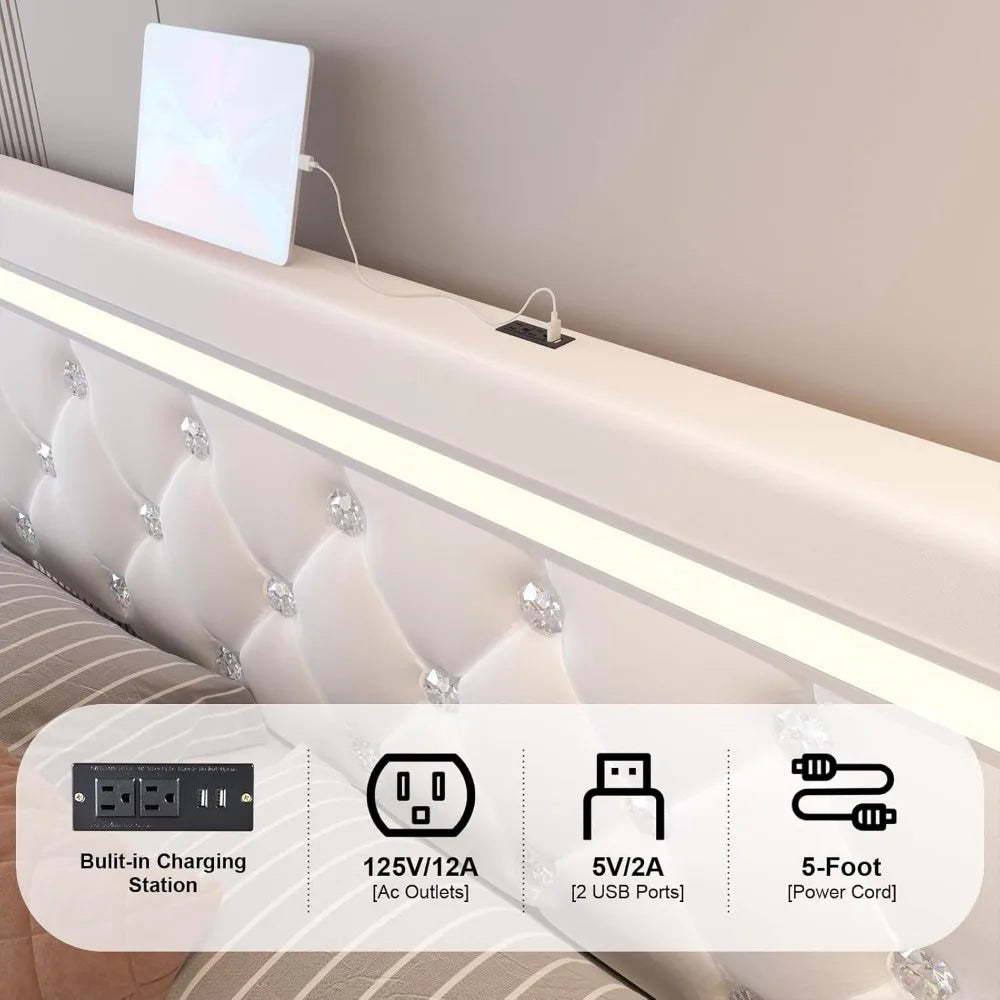 Queen Size Bed Frame with 4 Drawers and Adjustable LED Headboard,PU Leather Upholstered Platform Storage Bed w/Charging Station
