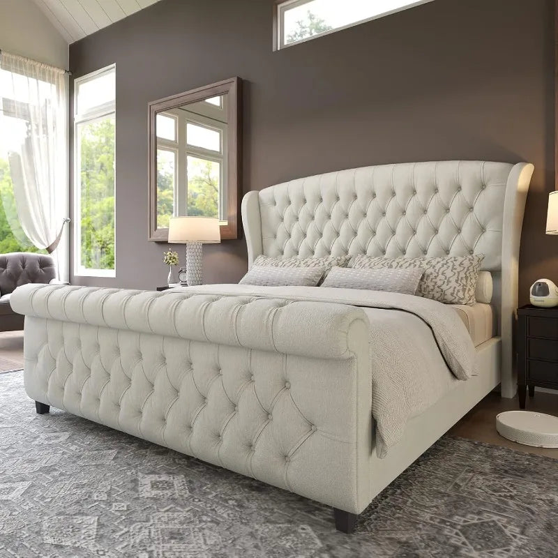 AMERLIFE King Size Platform Bed Frame, Chenille Upholstered Sleigh Bed with Scroll Wingback Headboard & Footboard/Button Tufted