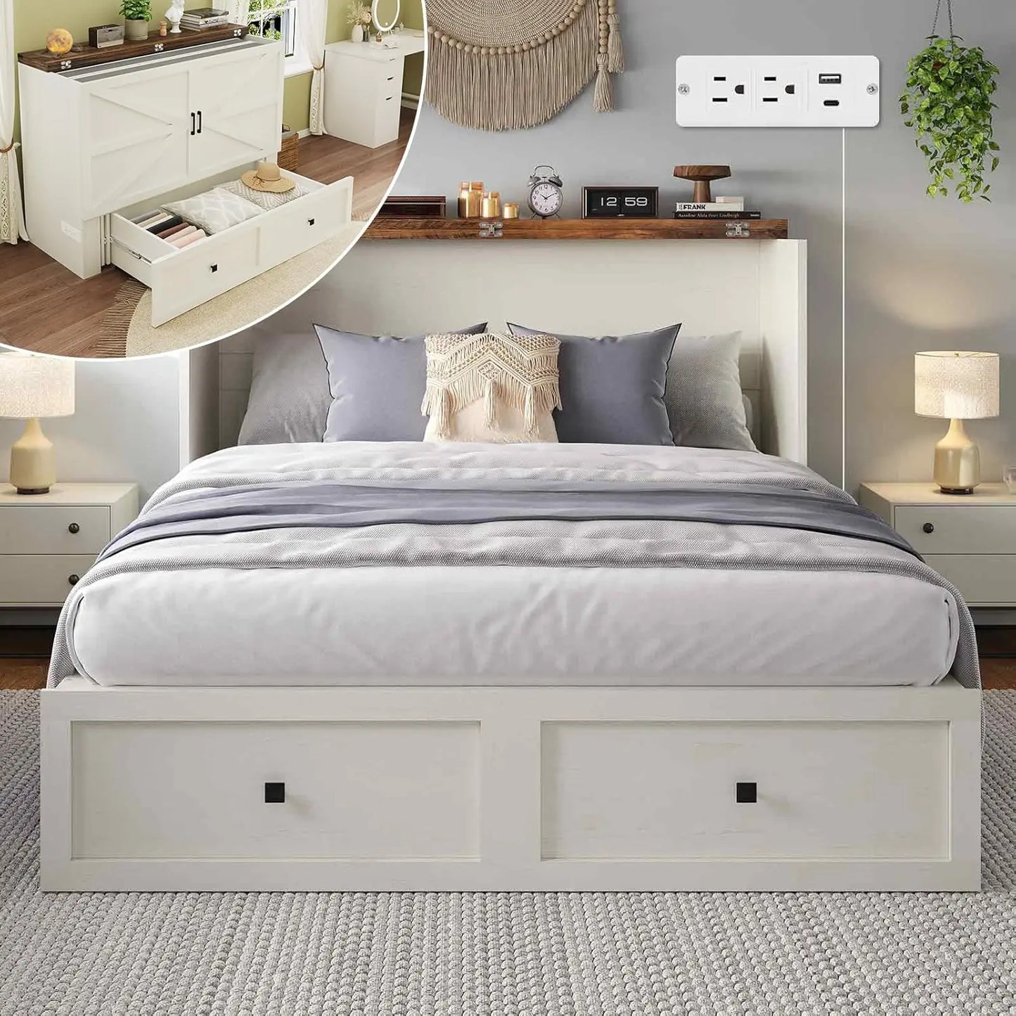 Full Size Murphy Bed, Cabinet Bed with Charging Station Large Storage Drawer for Home Office or Small Room, Hideaway Bed Full Fo