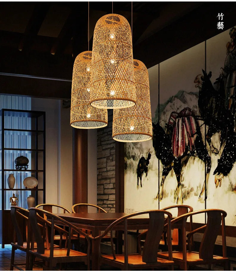 Zen Bamboo Chandelier New Chinese Lantern Hotel Chinese Style Restaurant Restaurant Bamboo Artwork Duplex Staircase Long Chandel