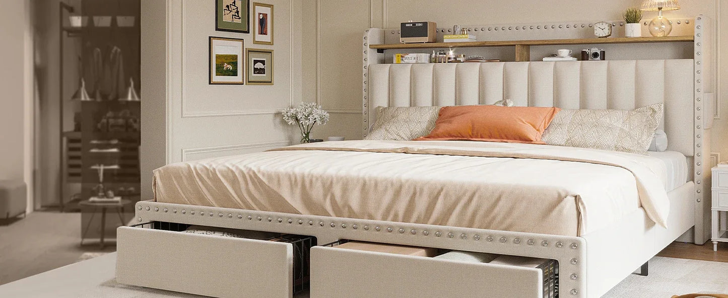 Queen Bed Frame with Headboard and Storage, Upholstered Queen Bed Frame with Storage, Queen Size Bed Frame with 2 Drawers