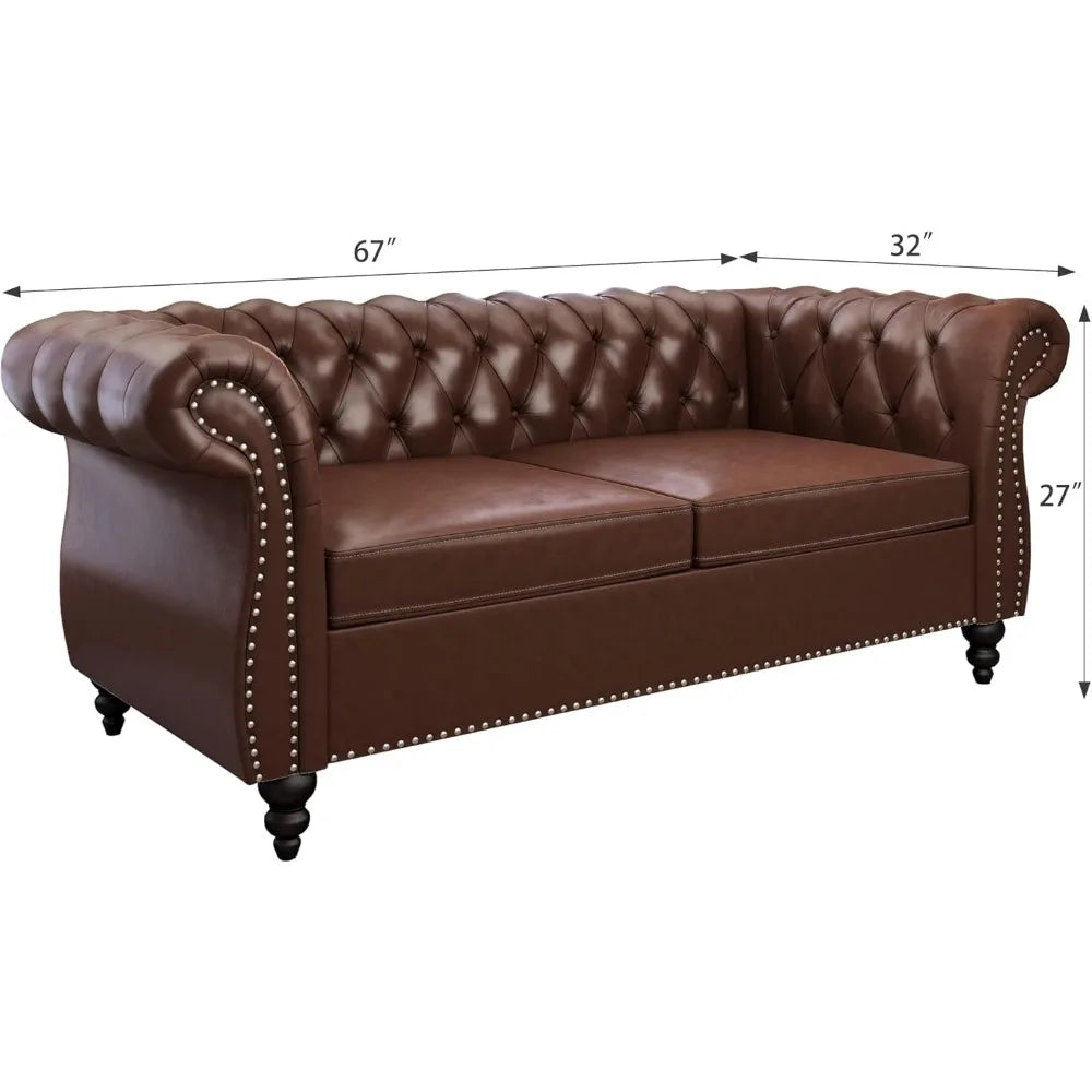 2-piece Living Room Set, Chesterfield Leather Double Sofa with Scroll Armrests and Nail Heads