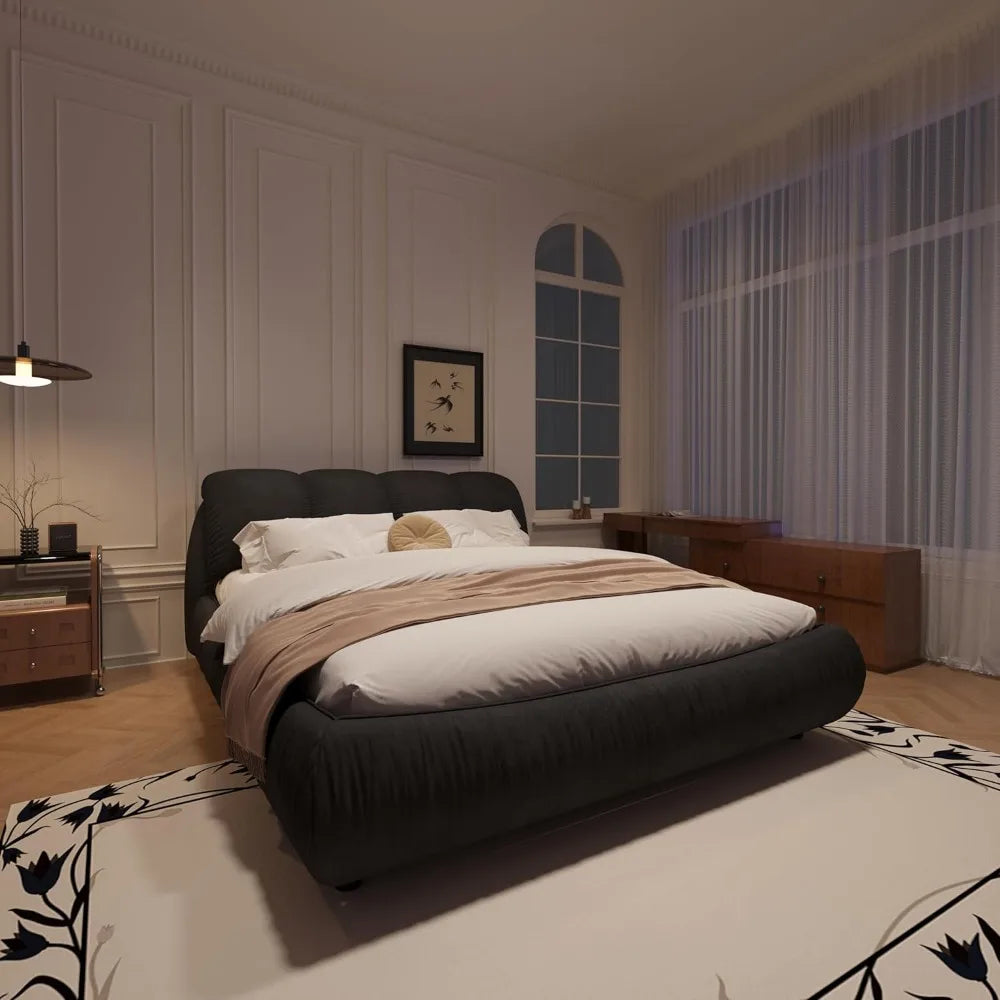 Deluxe king-size upholstered platform bed with upholstered backrest, soft-framed cloud bed, thickened pine slats, metal legs
