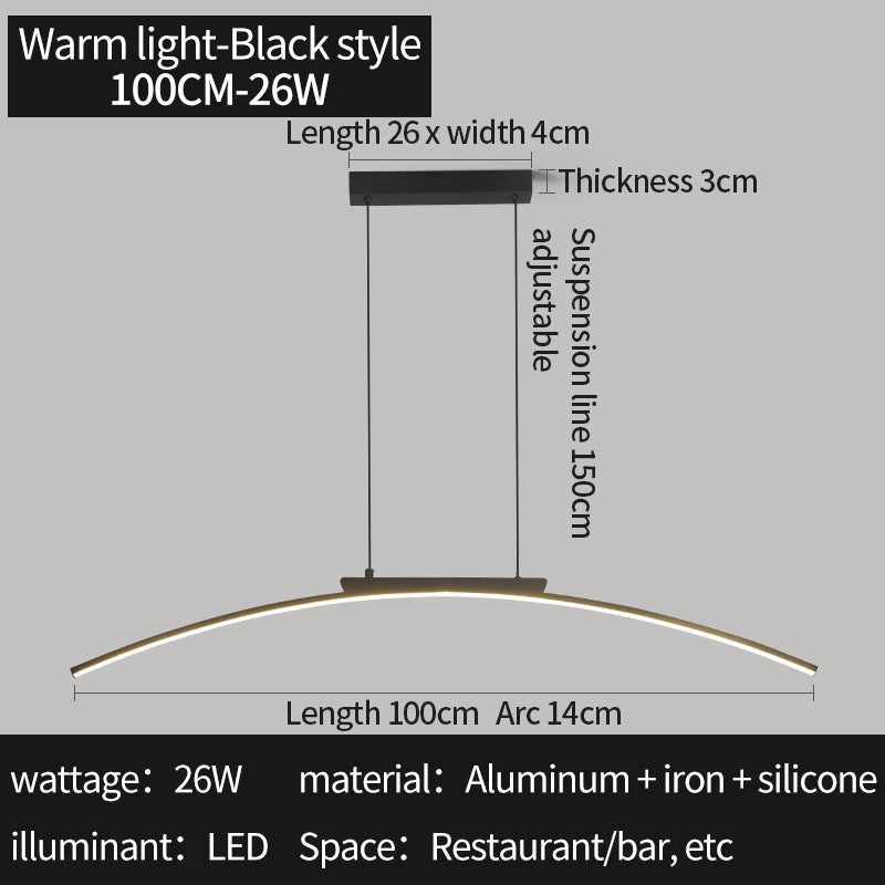 Modern LED Pendant Light Dimmable Hanging Lamp for Dining Room Kitchen Minimalist Arc Design Restaurant Energy Saving, Easy Inst