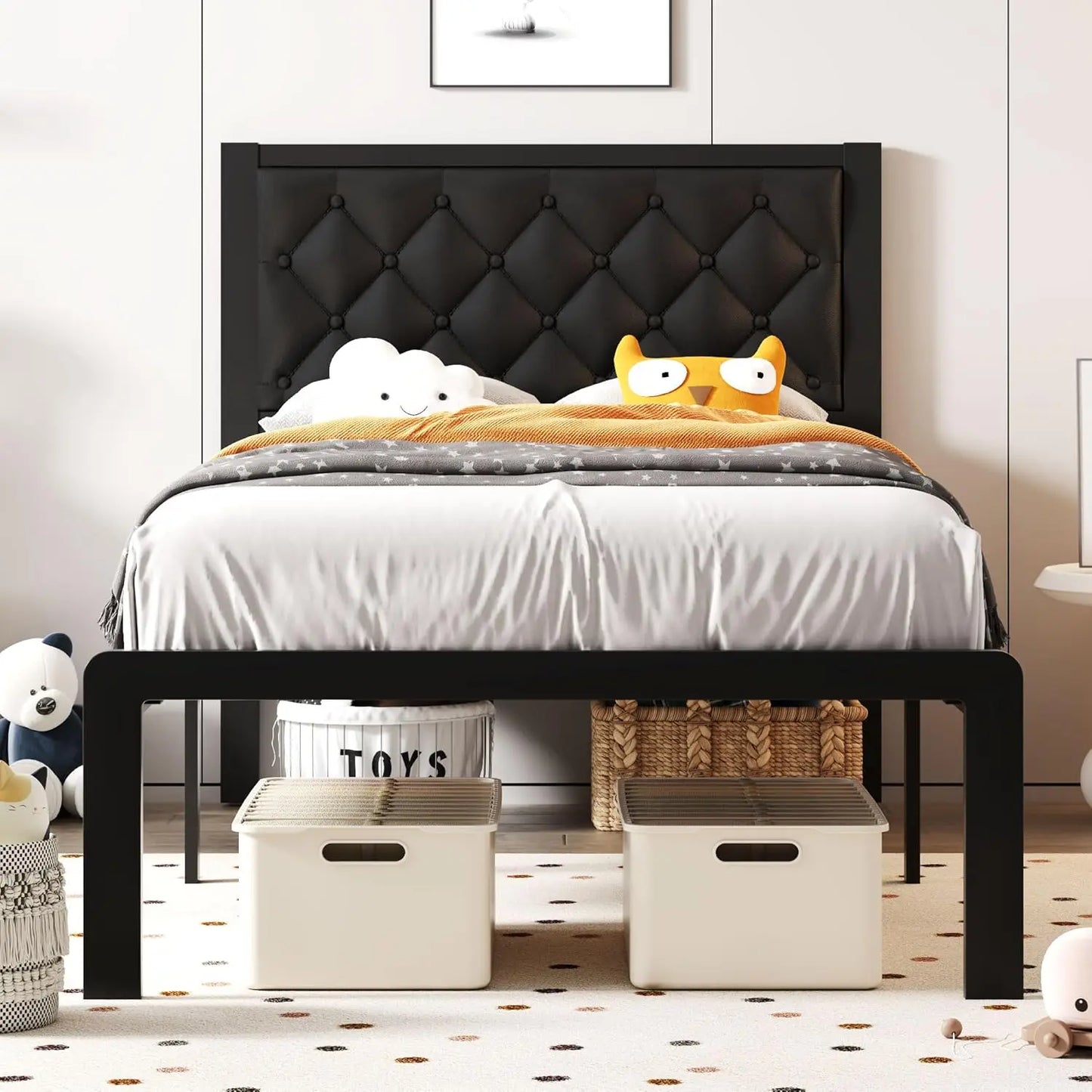 Queen Bed Frame with Headboard PU Leather Upholstered Bed Frame Platform,All Metal Slats Support Platform Bed Frame