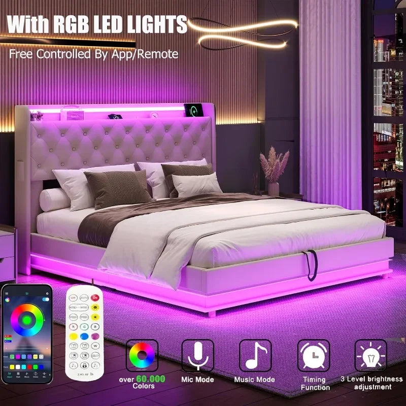 Bed Frame with Charging Station & Led Lights, Upholstered Platform Bed with Button Tufted Wingback Storage Headboard