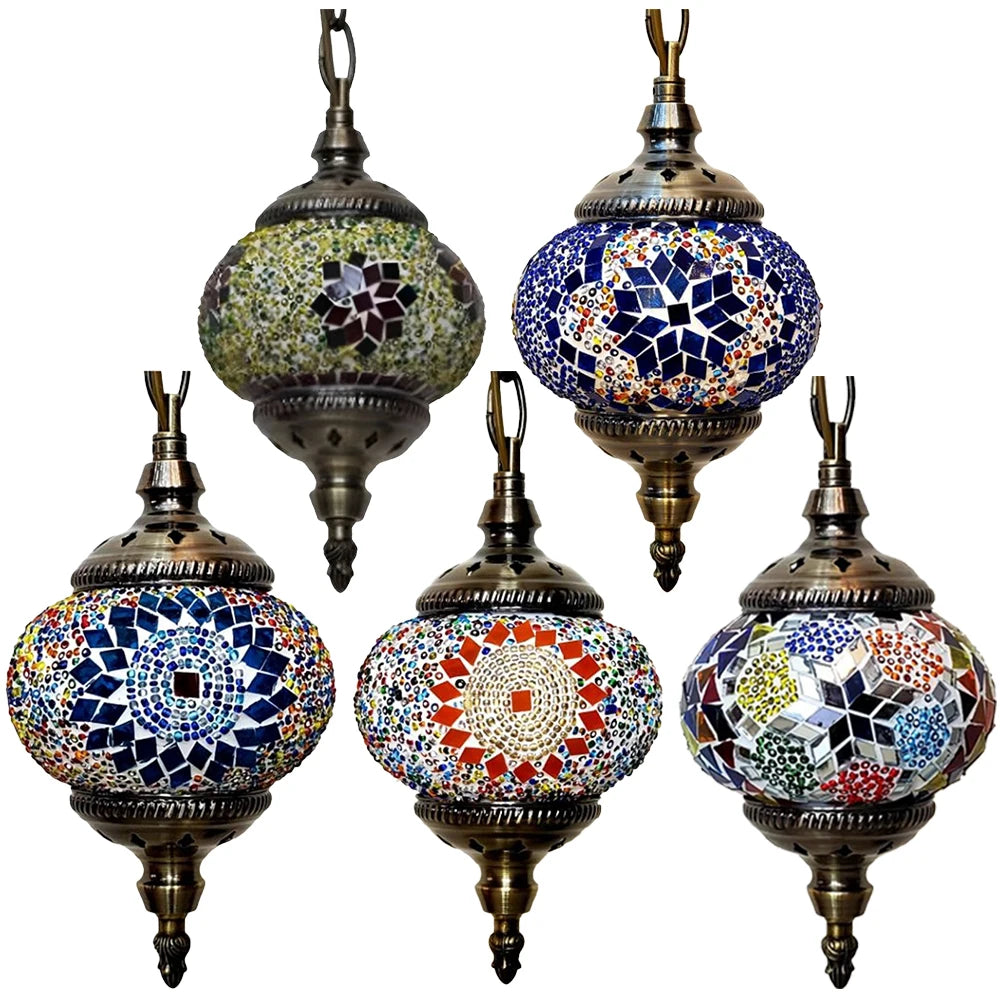 Turkish Moroccan Mosaic Hanging Ceiling Lamp E27 Decorative Glass Globe Fixture Romantic Restaurant Club Single Head Chandelier