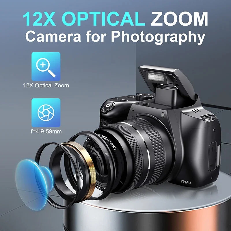 72MP Digital Camera 180° Flip Screen 3 lnch SLR DSLR 4K Camera for Photography 12X Optical Zoom Autofocus Anti-Shake Camera