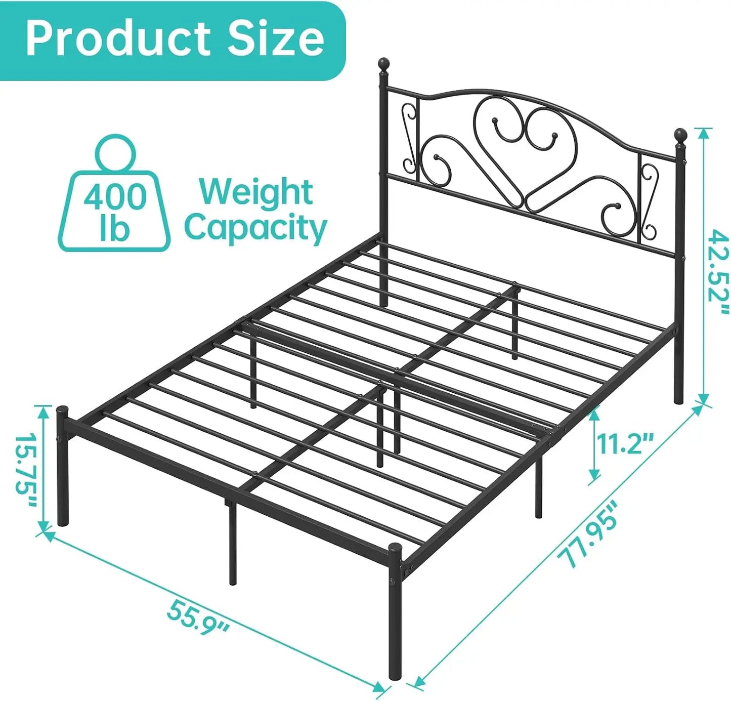 Full Size Bed Frame with Headboard, Heavy Duty Steel Slat Support Platform Under Bed Storage Space No Box Spring Needed, White