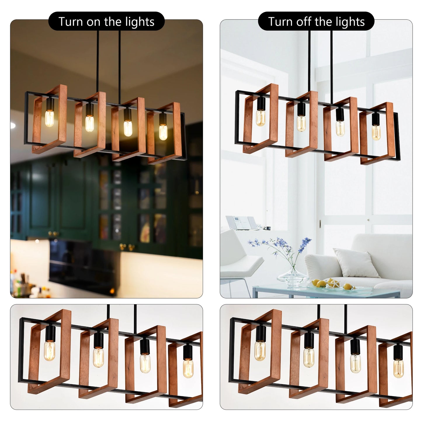 4-Light Kitchen Island Lights Pendant Light Farmhouse Dining Room Light Fixture, Rustic Wood and Black Metal Rectangular Chandel