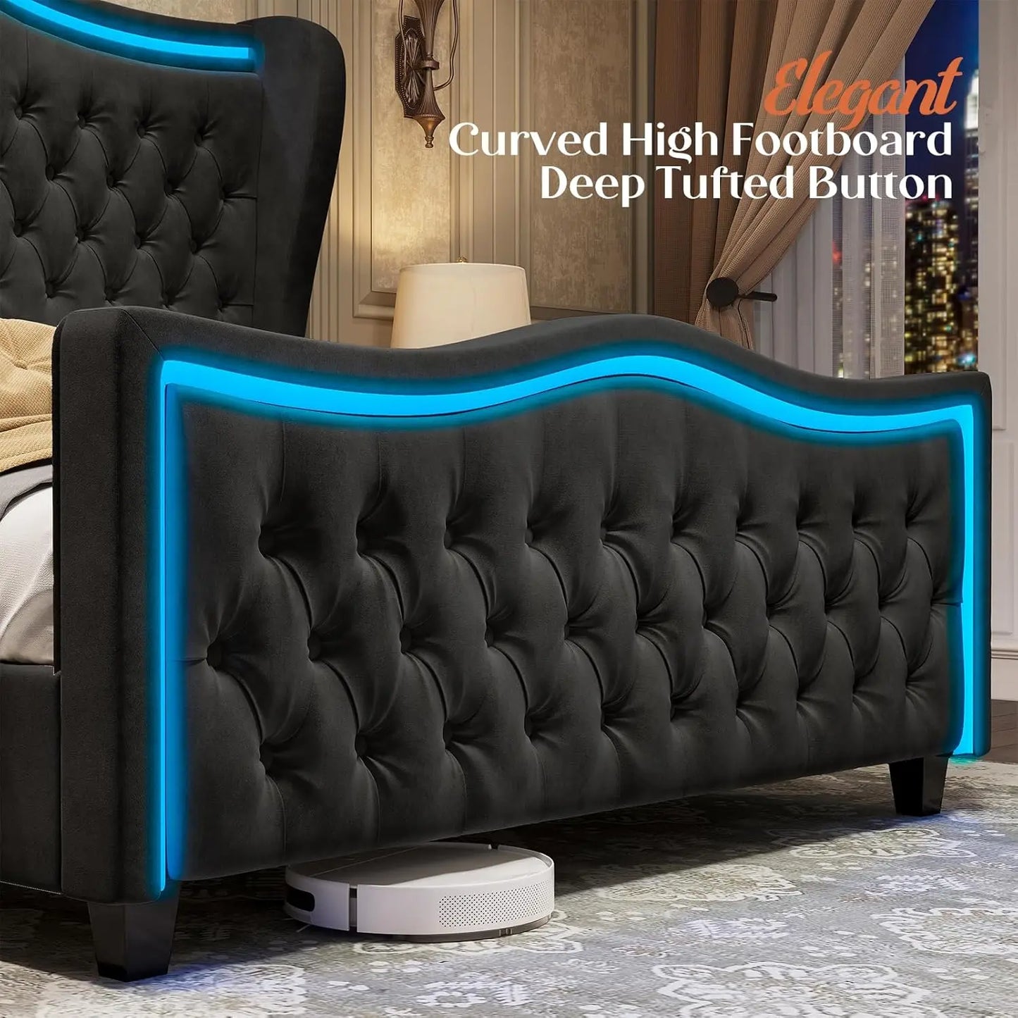 King Size Bed Frame with LED Lights, 53'' Upholstered Platform Wingback Bed with Handmade Deep Button Tufted Headboard Footboard