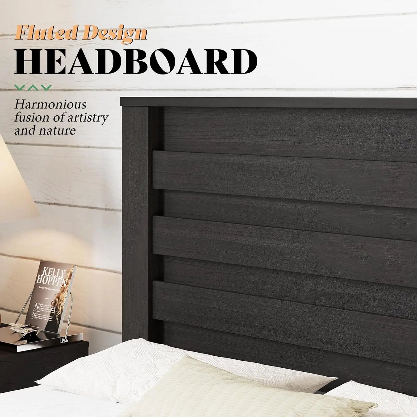 Farmhouse King Size Bed Frame, Wood Platform Bed with Natural Grain, No Box Spring Needed/Noise Free, Black