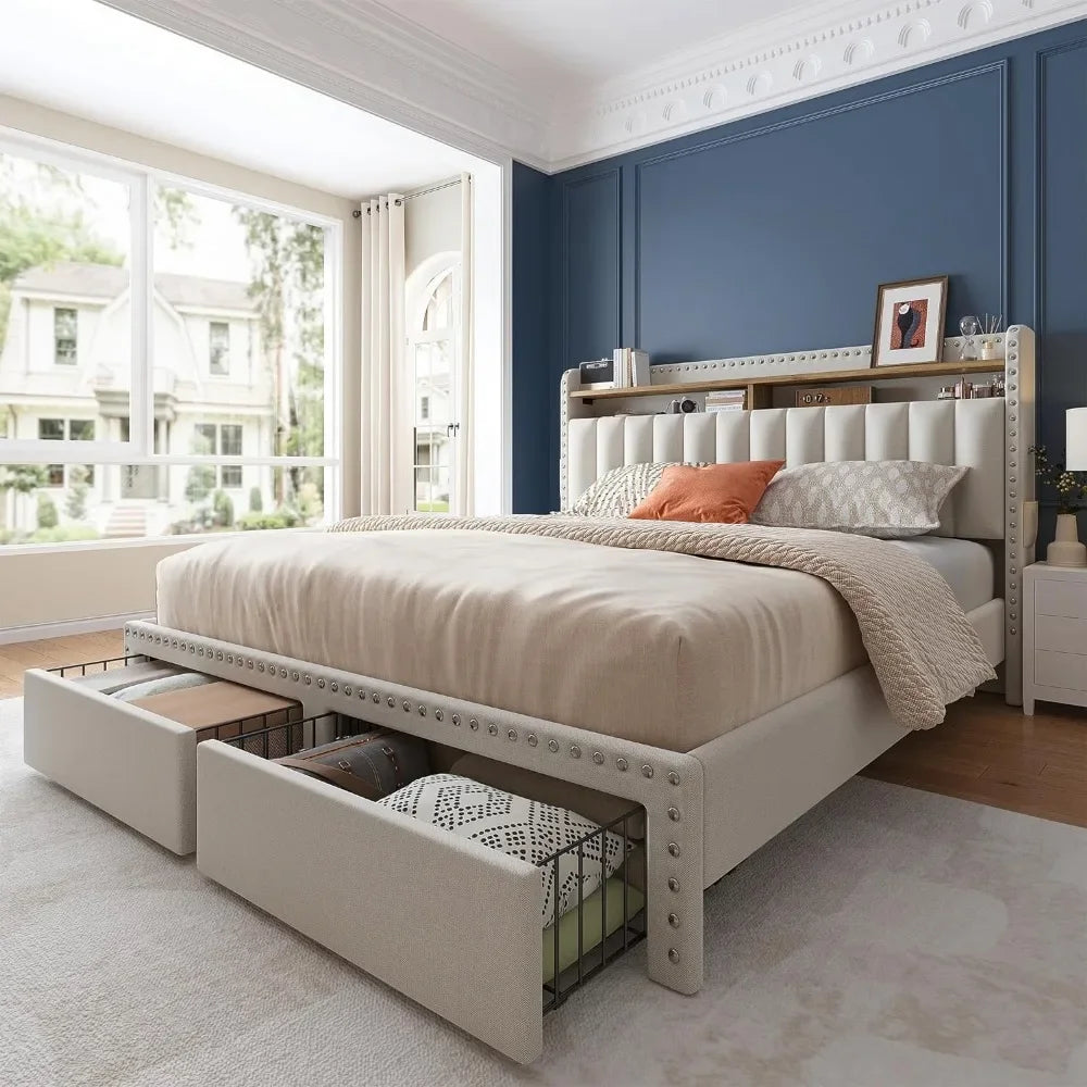 Queen Bed Frame with Headboard and Storage, Upholstered Queen Bed Frame with Storage, Queen Size Bed Frame with 2 Drawer