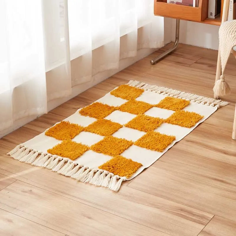 Vintage Nordic Style Cotton Linen Handmade Tassel Area Rug Checkerboard Tufted Floor Bedside Mat Living Room Bedroom Tapestry
