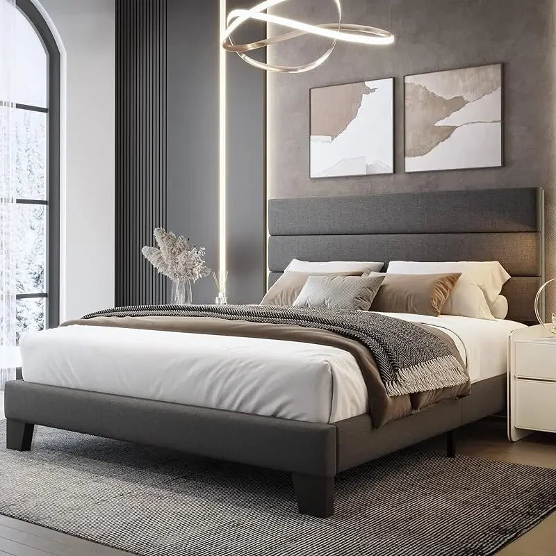 King Bed Frame Platform Bed,Linen Fabric Upholstered Headboard and Wooden Slats Support,Heavy Duty Mattress Foundation,Beige