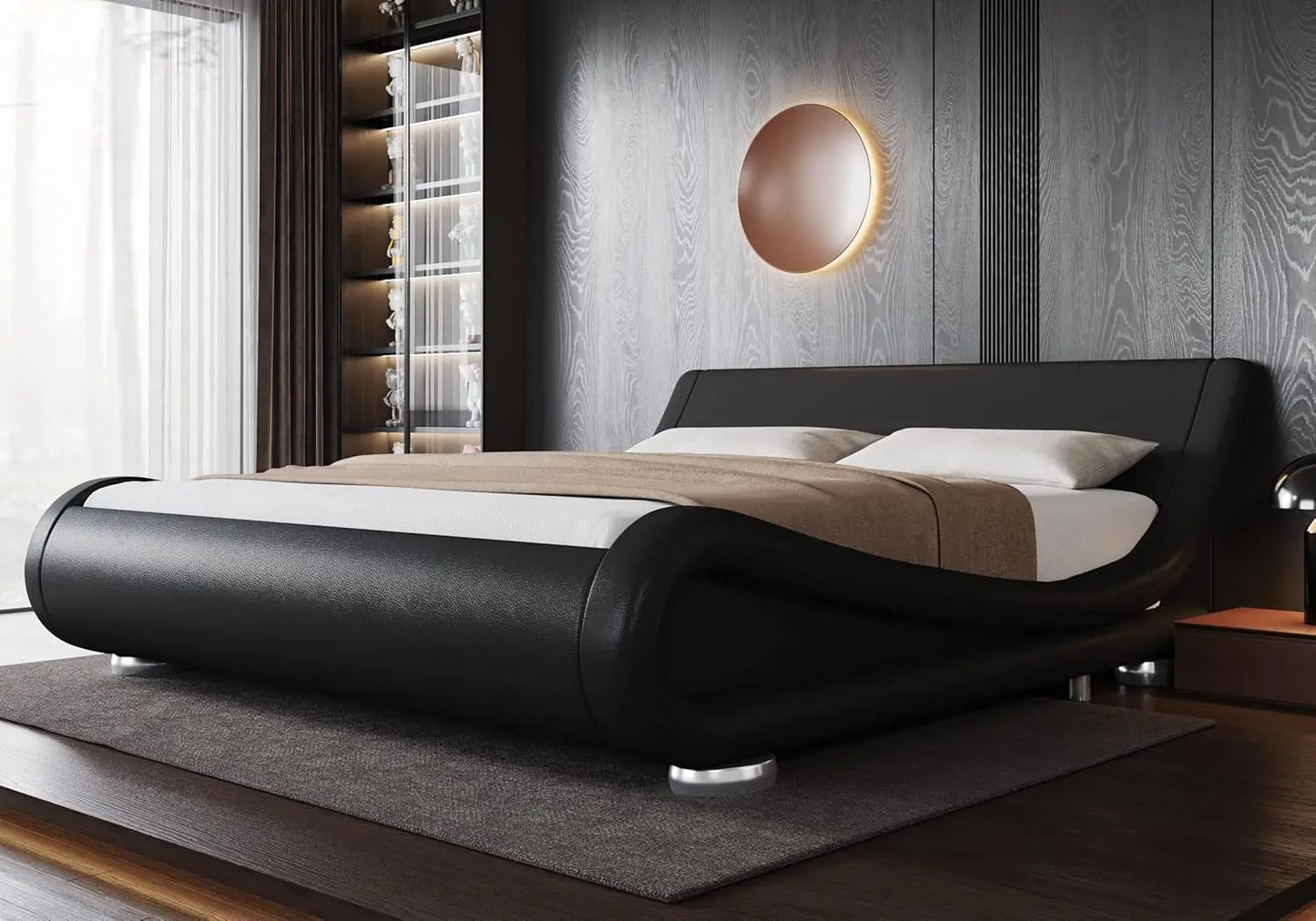 Upholstered Platform Bed Frame with Ergonomic & Adjustable Headboard, Modern Low Profile Sleigh Design