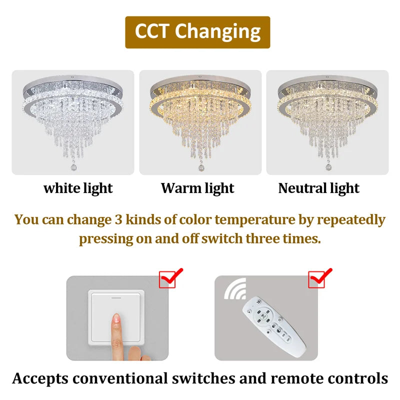 Luxury Crystal Modern LED Ceiling Chandelier Light Remote Dimming Round Ceiling Lamp for Home Decoration Indoor Hanging Lamps