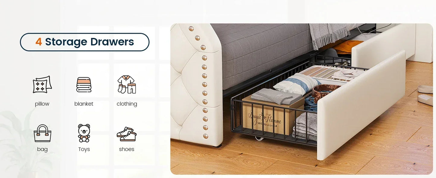 Queen Size 53” Tall Platform Bed Frame With 4 Storage Drawers Built in Charging Station & LED Bedroom Black Headboards Under Bed