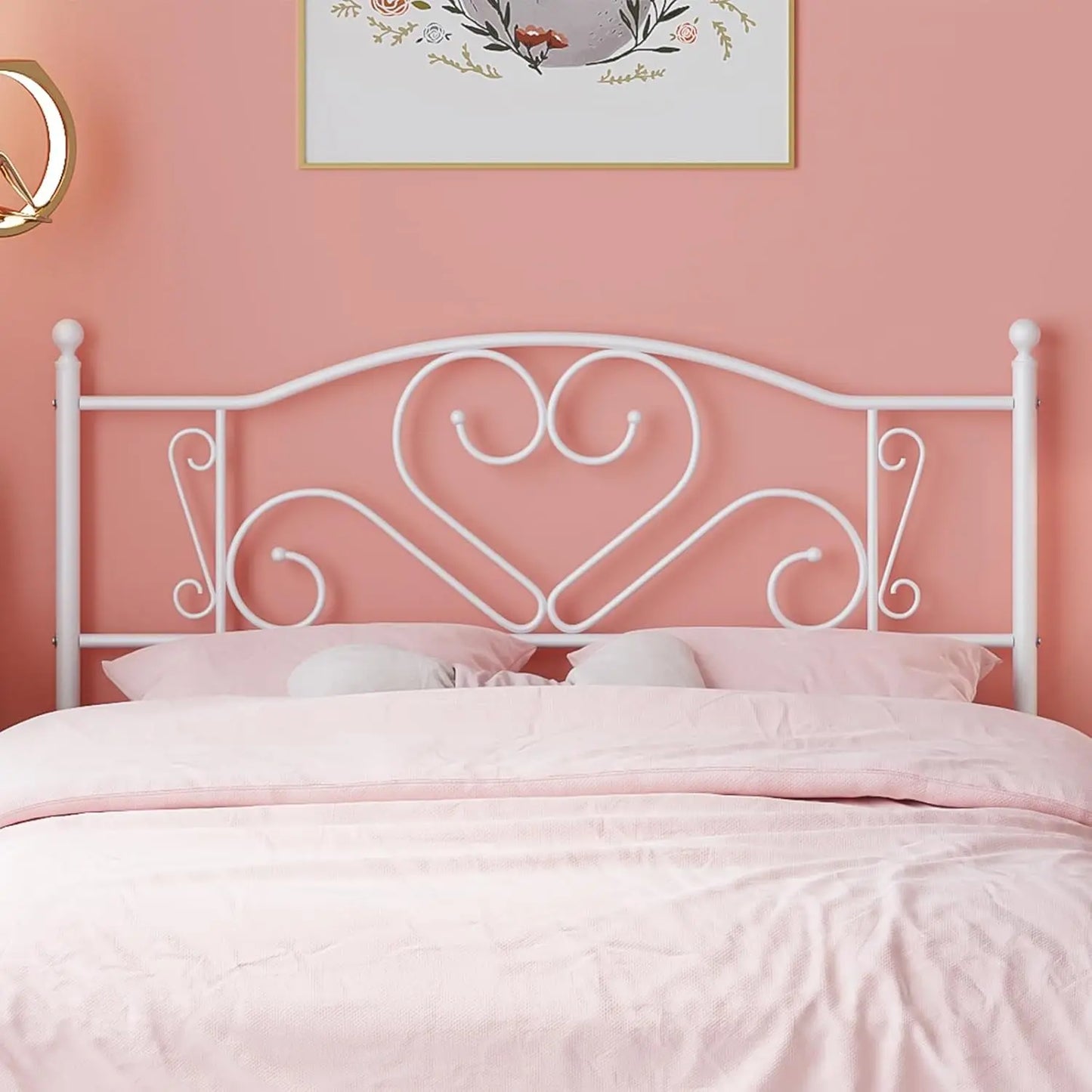 Full Size Bed Frame with Headboard, Heavy Duty Steel Slat Support Platform Under Bed Storage Space No Box Spring Needed, White