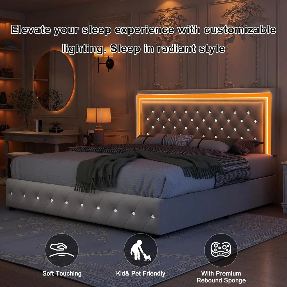 King Bed Frame with LED Lights, Storage Drawers, No Box Spring Needed, 900 lbs Capacity, Easy Assembly, bedroom furniture White