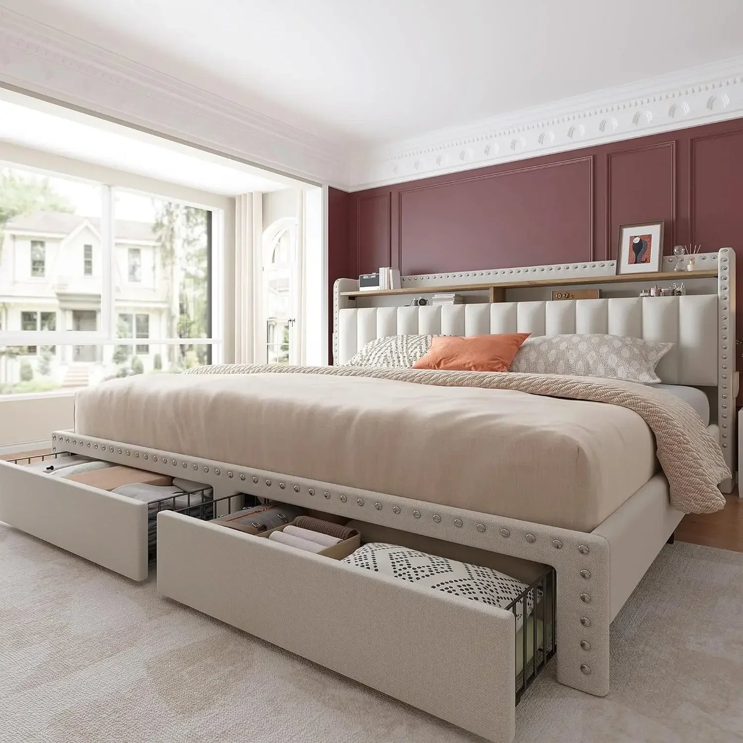 Queen Bed Frame with Headboard and Storage, Upholstered Queen Bed Frame with Storage, Queen Size Bed Frame with 2 Drawers