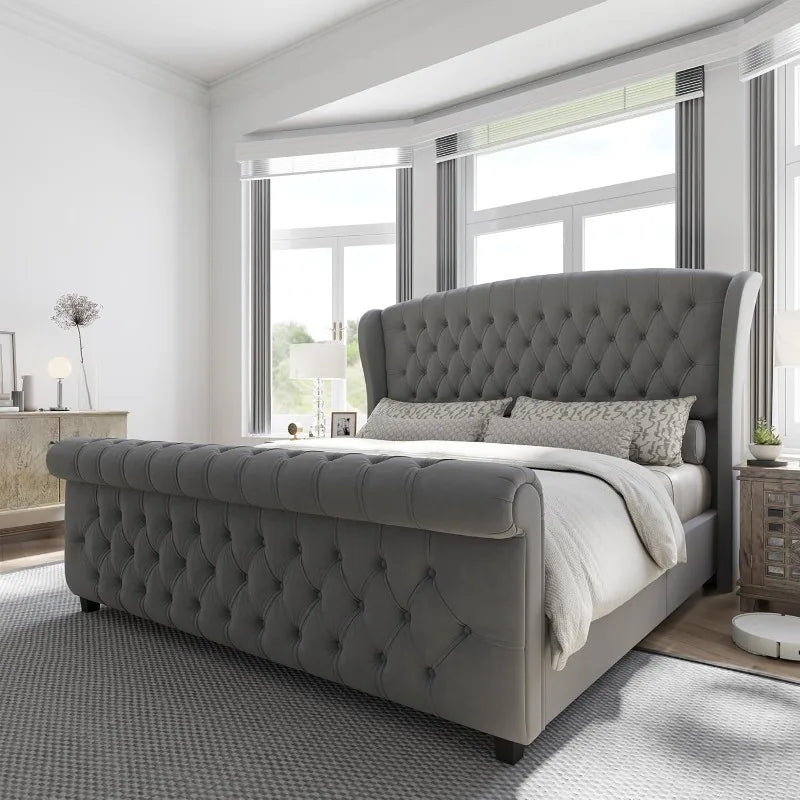 AMERLIFE King Size Platform Bed Frame, Chenille Upholstered Sleigh Bed with Scroll Wingback Headboard & Footboard/Button Tufted