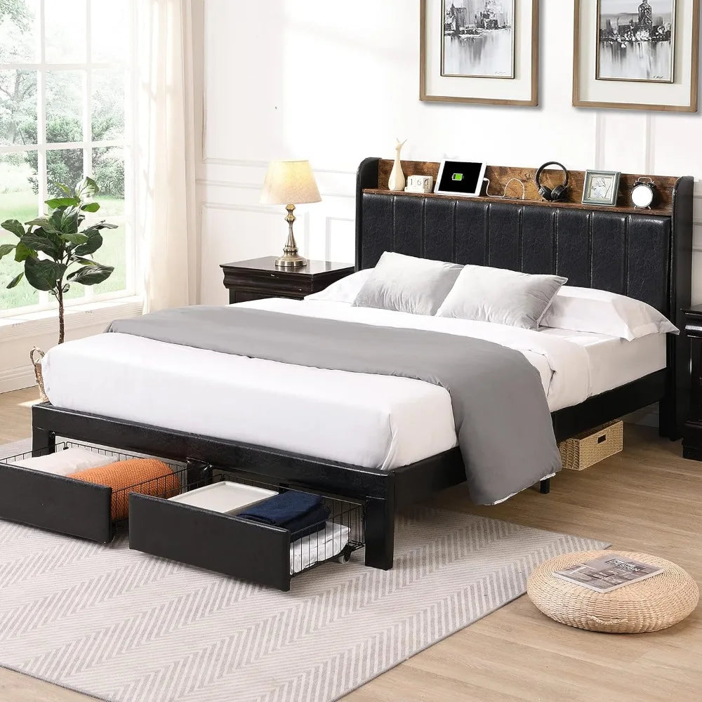 Upholstered Bed Frame Queen Size with Headboard with Storage Drawers & Charging Station,No Box Spring Needed/Heavy Duty