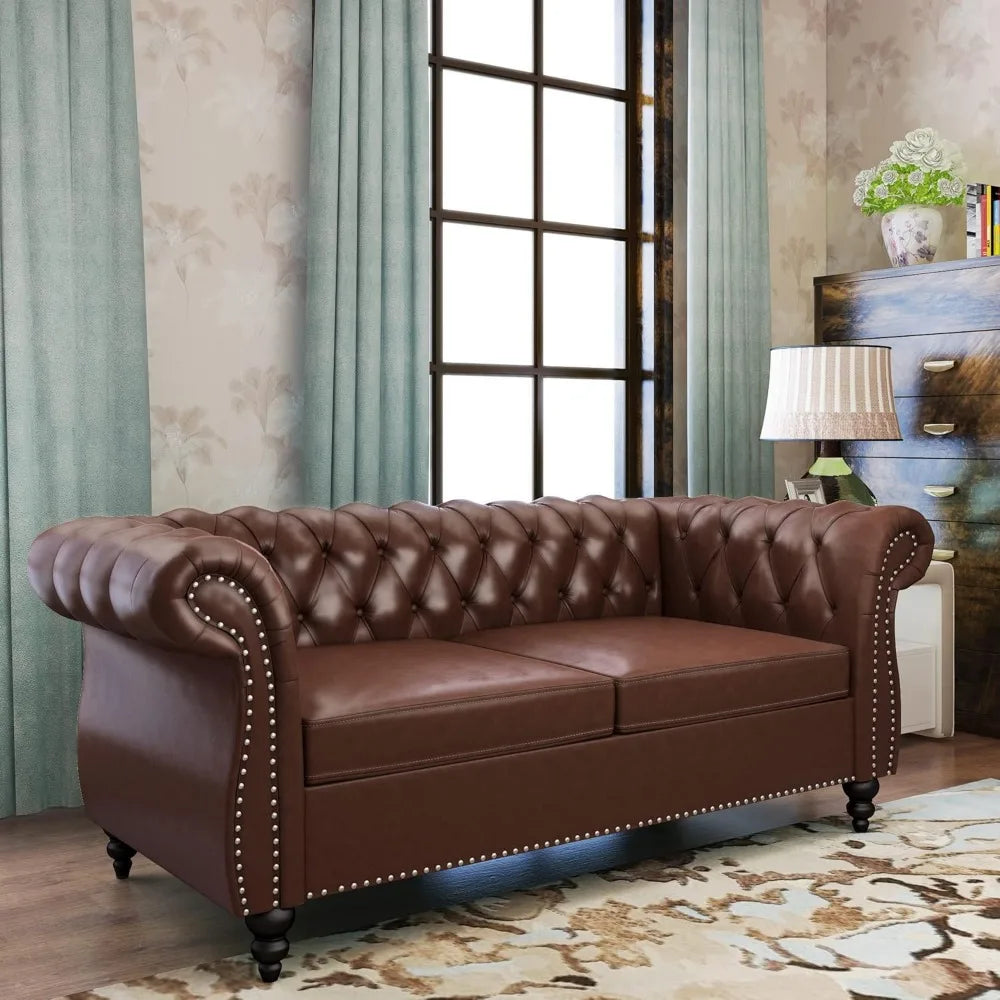 2-piece Living Room Set, Chesterfield Leather Double Sofa with Scroll Armrests and Nail Heads