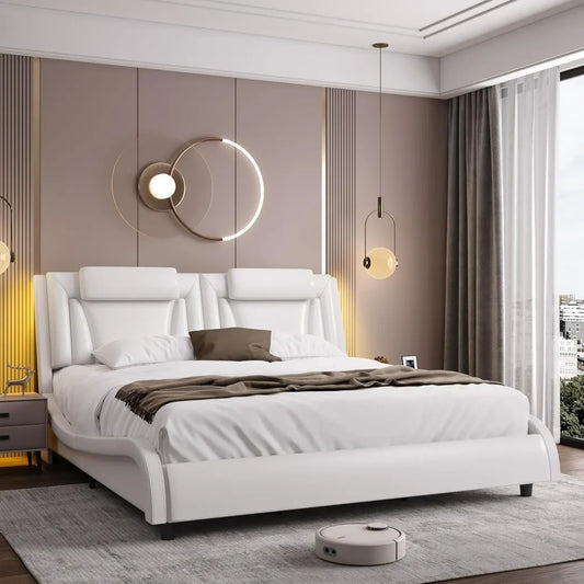Upholstered Bed Frame, Adjustable LED Headboard, Pu Leather Platform Bed with Wave-Like Curve Design and Solid Wooden, Queen Bed