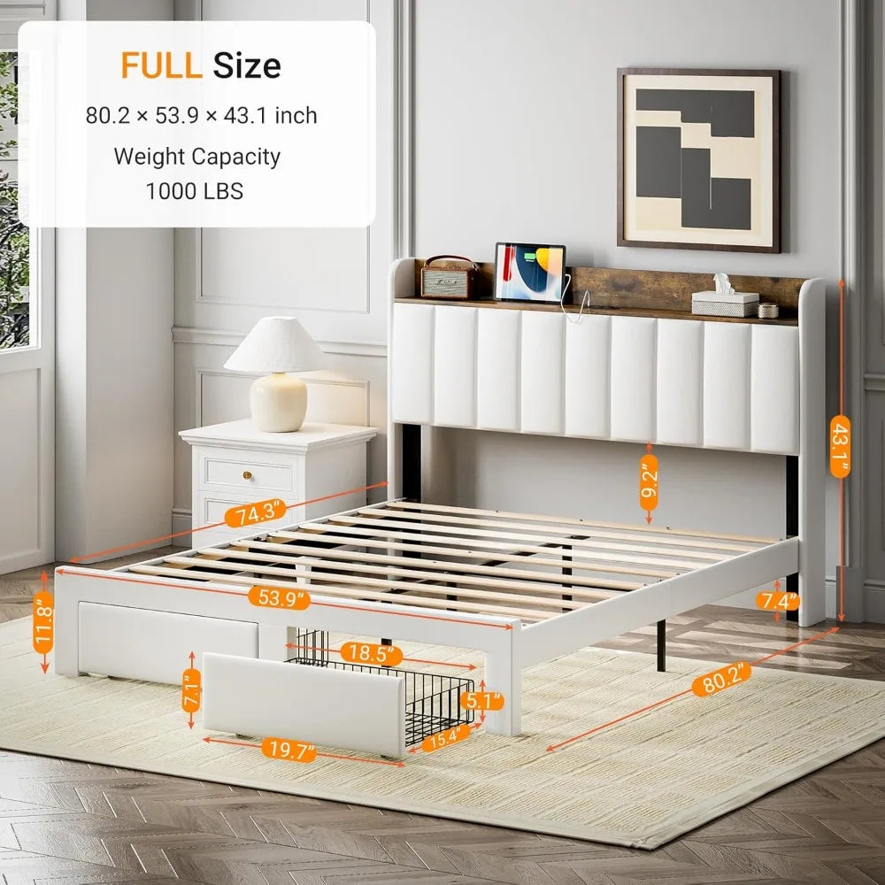 Upholstered Bed Frame Queen Size with Headboard with Storage Drawers & Charging Station,No Box Spring Needed/Heavy Duty