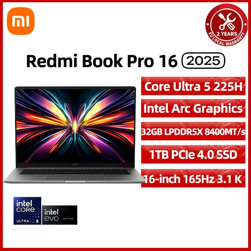 Xiaomi REDMI Book Pro 16 2025 Laptop Ultra 7 255H/Ultra 5225H Intel Arc Graphics 32GB LPDDR5X 1T SSD 16-inch 165 Hz 3.1K Screen
