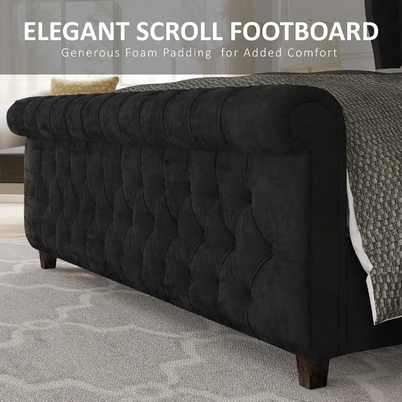 AMERLIFE King Size Platform Bed Frame, Chenille Upholstered Sleigh Bed with Scroll Wingback Headboard & Footboard/Button Tufted