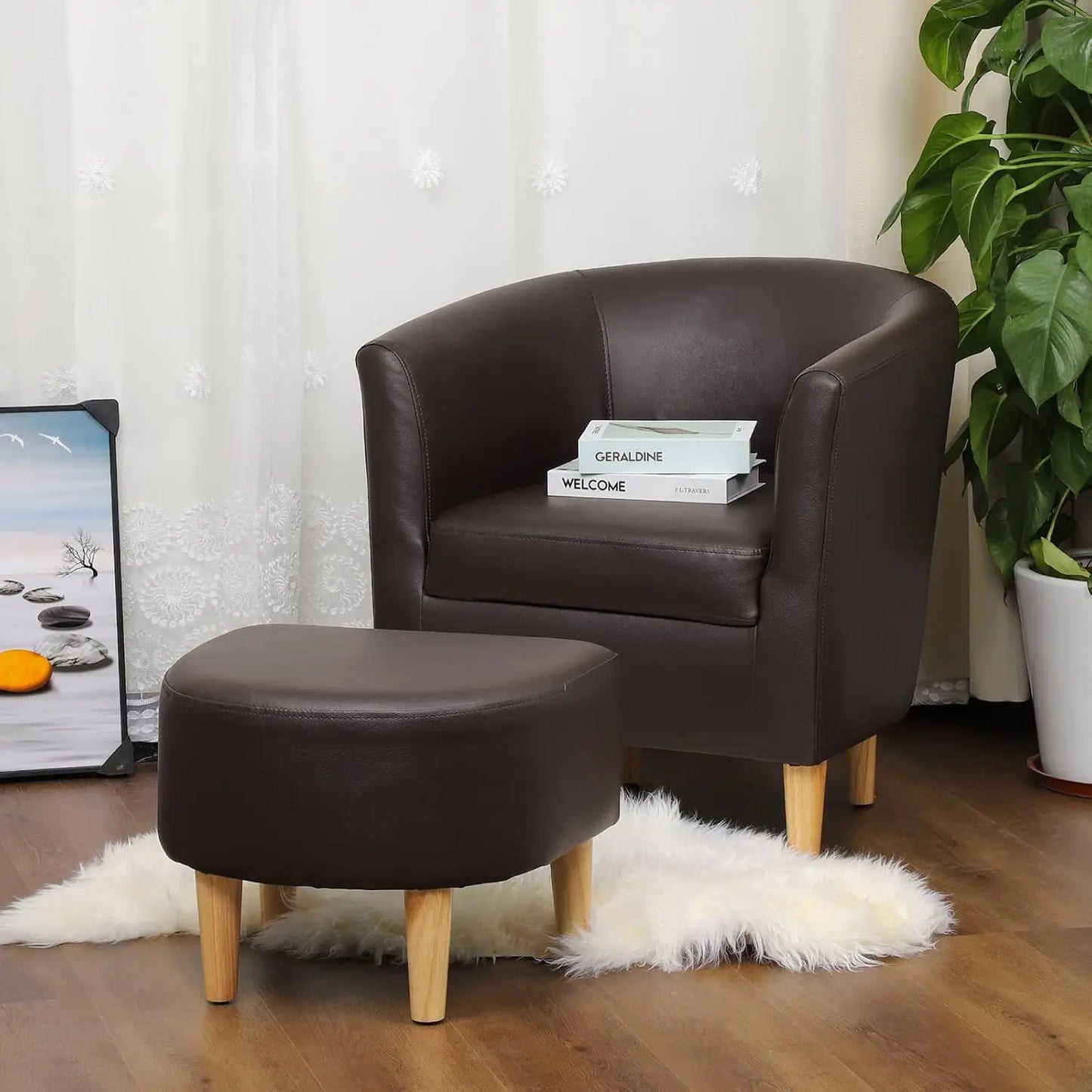 Accent Chair, Sherpa Chair White Fluffy Chair Teddy Barrel Chair with Ottoman Comfy ArmChair Footrest Set
