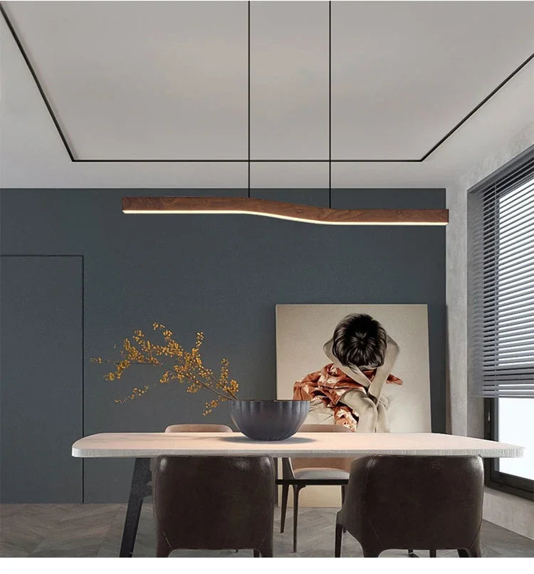 Modern Walnut Led Long Pendant Lights for Kitchen Island Dining Room Study Room Hanging Lamp Ceiling Chandeliers Wood Wooden