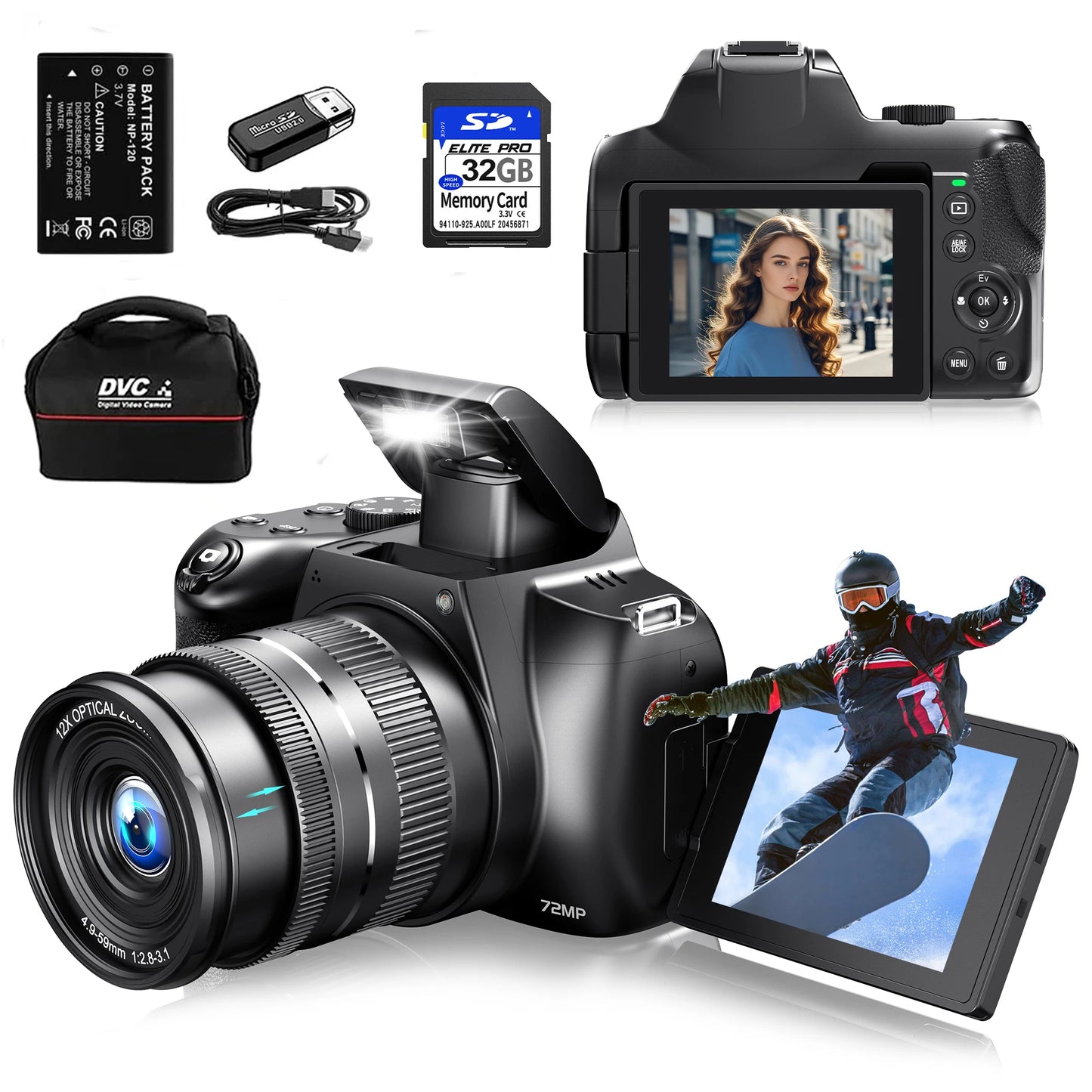 4K HD Digital Camera for Photography Auto Focus 12X Optical Zoom Vlogging Camera for YouTube 72MP WiFi Livestream Video Cameras
