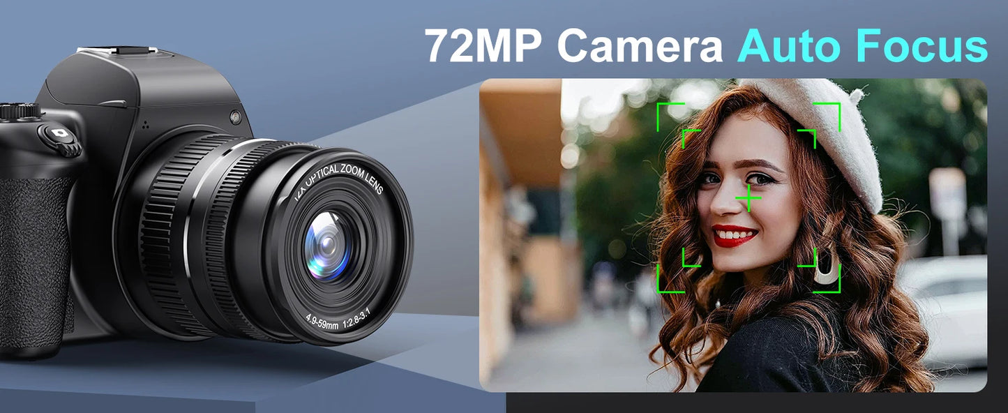 4K HD Digital Camera for Photography Auto Focus 12X Optical Zoom Vlogging Camera for YouTube 72MP WiFi Livestream Video Cameras