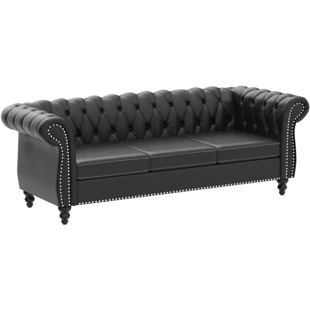 Chesterfield Sofa Leather for Living Room, 3 Seater Sofa Tufted Couch Faux Leather with Rolled Arms and Nailhead for Living Room